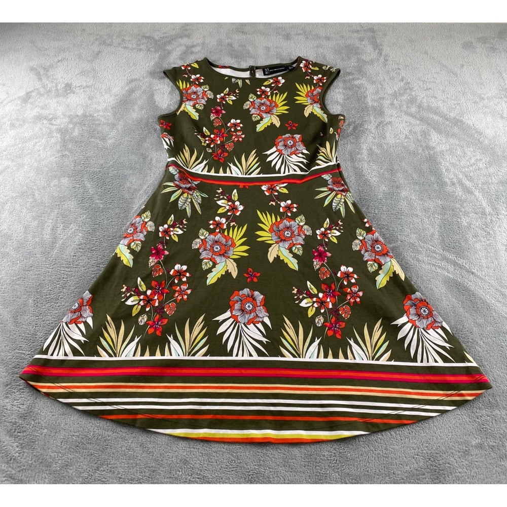 New York & Company Olive Green Floral Striped Fit Flare Dress Womens Medium